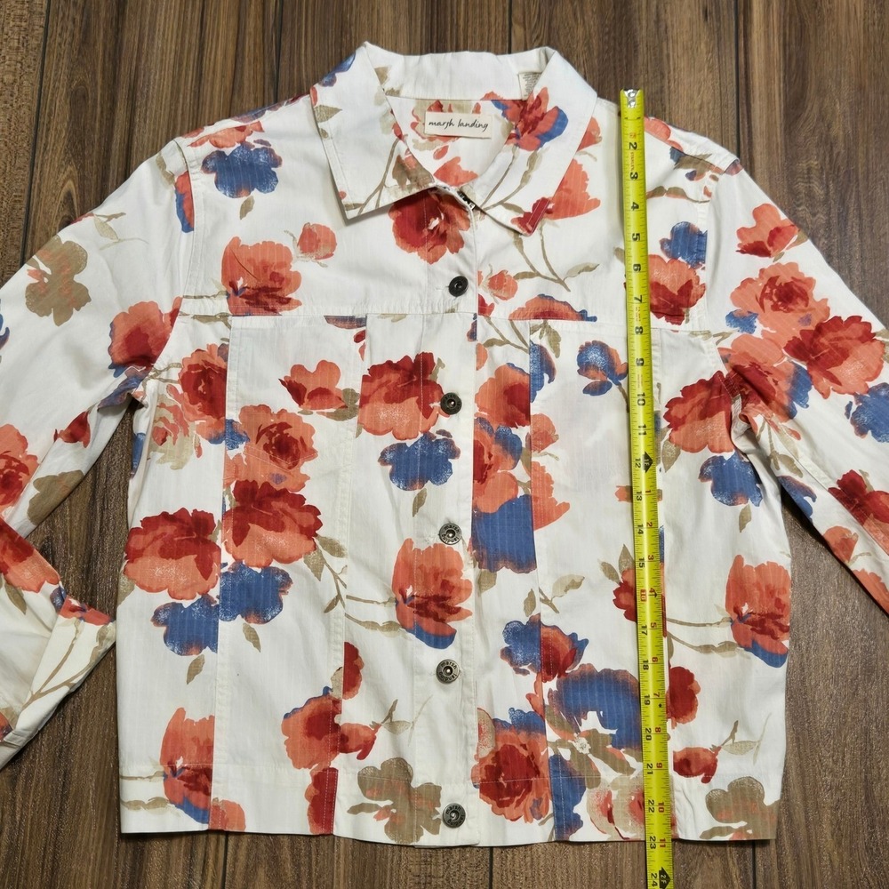 Marsh Landing Floral Jacket White Red Blue Flowers Button Up Women's Size L - Picture 3 of 8